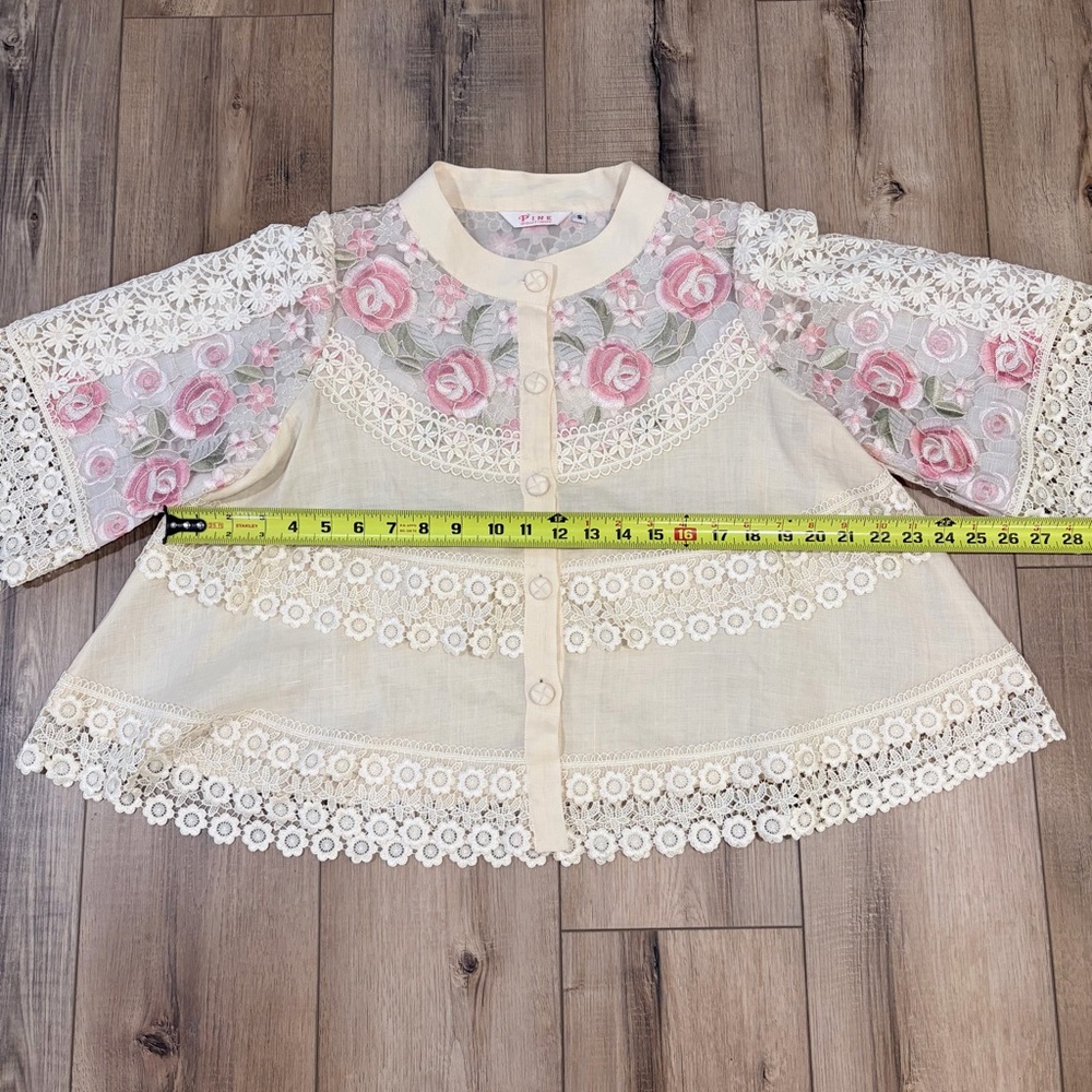 Vintage Lace Floral Blouse Fairycore Romantic Sheer Pink Roses S Coquette - Picture 5 of 5